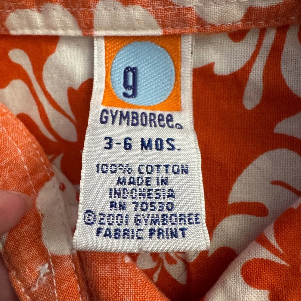 Gymboree Button Down Shirt Kids 3-6 Months Orange Hibiscus Floral Vintage 2001
